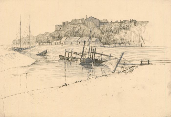 F.L Wilder - c. 1941 Etching, Coastal Scene with Boats at Low Tide