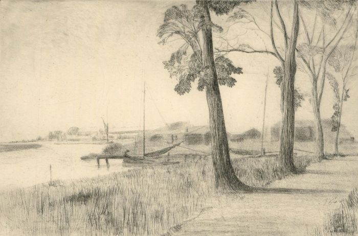 F.L Wilder - c. 1941 Etching, Estuary Landscape with Moored Boats