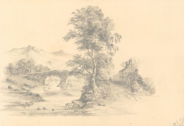 Augusta Raymond-Barker - 1843 Graphite Drawing, Rural River Scene