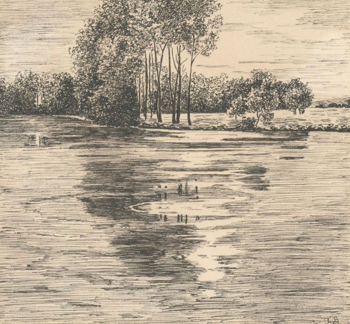 J.B. - 20th Century Pen and Ink Drawing, River Landscape