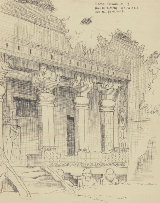 C P Day - Mid 20th Century Pen and Ink Drawing, Pandavleni Cave Temple