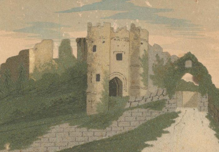19th Century Marmotinto Sand Painting - Carisbrooke Castle, Isle of Wight