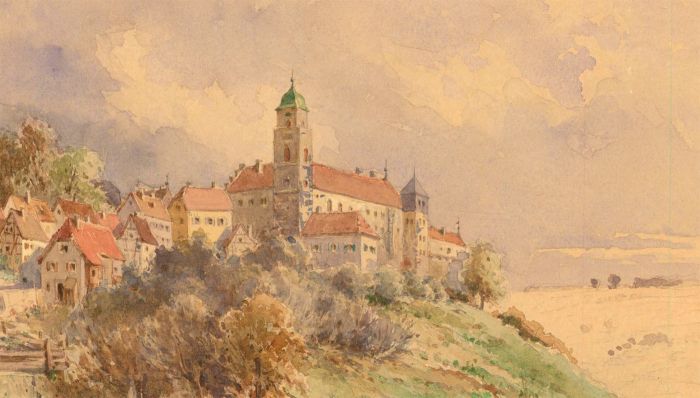 Very Fine 19th Century Watercolour - Continental Hillside Town