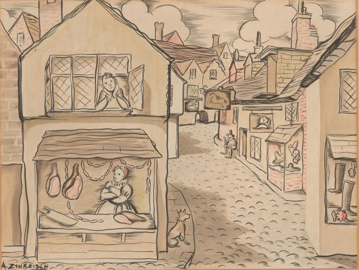 Anna Katrina Zinkeisen VPROI (1901-1976) -Signed Pen Drawing, Dutch Street Scene