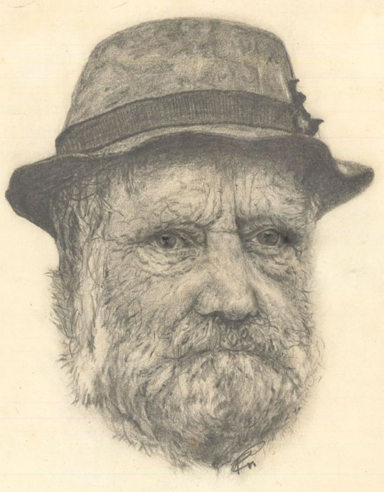 20th Century Graphite Drawing - Portrait of an Elderly Man