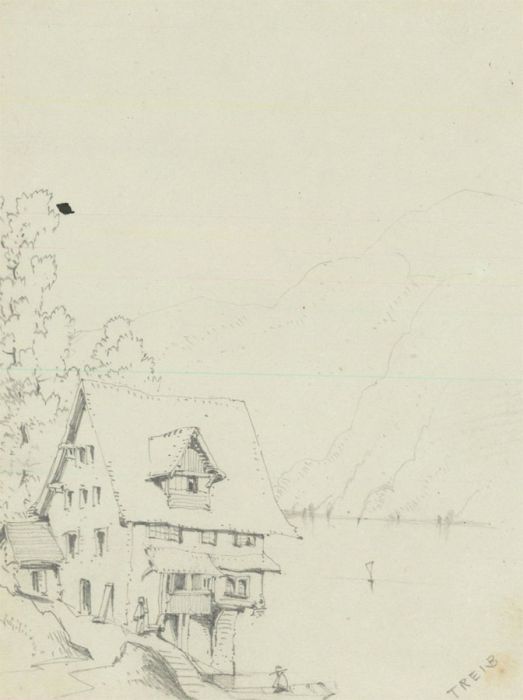 William Waterhouse - Mid 19th Century Graphite Drawing, Swiss Lake House