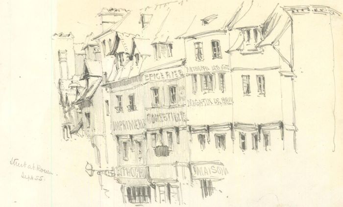 Theodore Waterhouse - 1855 Graphite Drawing, Street Scene at Rouen