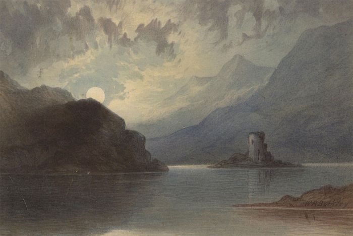 W. R Buckley - Mid 19th Century Watercolour, Scottish Loch in Moonlight