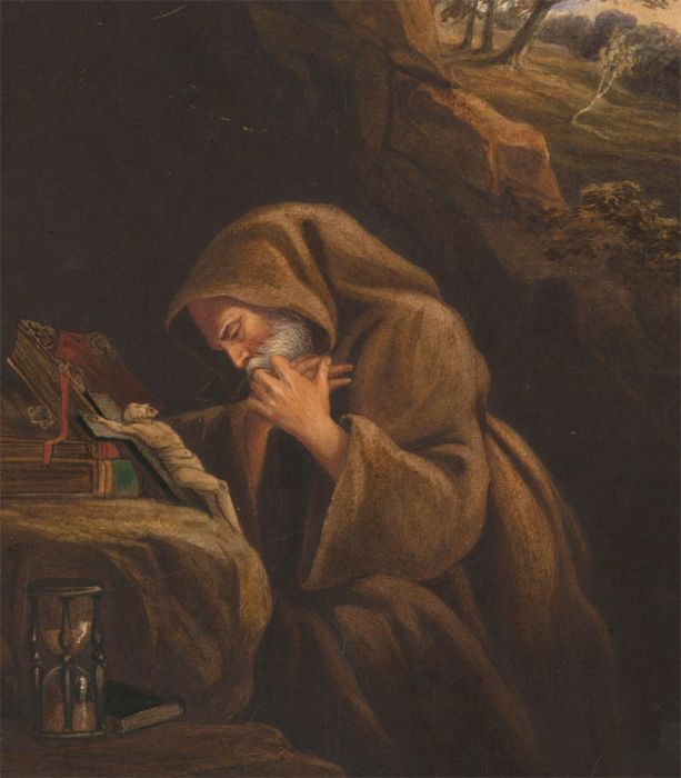 Very Fine Mid 19th Century Watercolour - A Devoted Hermit at Prayer