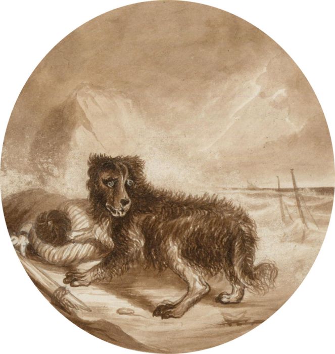 L.B - Sepia Mid 19th Century Watercolour, Dog Rescuing a Shipwrecked Sailor