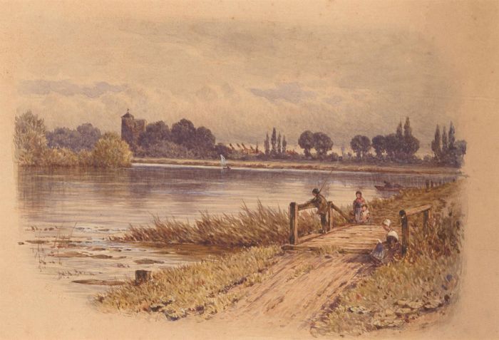 F.A.M - 19th Century Watercolour, English Landscape with Lake and Figures