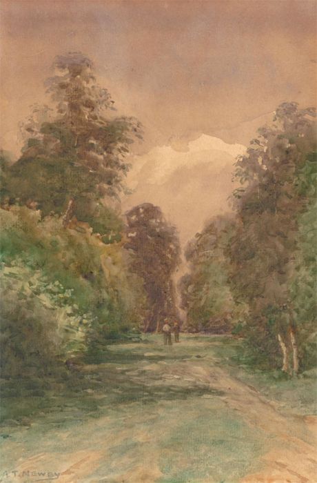 Alfred T. Newby (fl.1885-1890)  - Watercolour, Figures in a Woodland Clearing