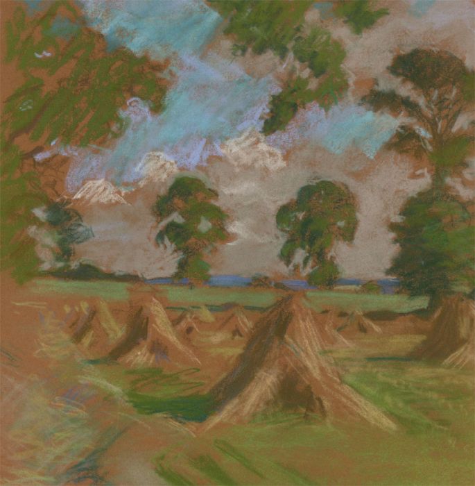 Mid 20th Century Pastel - Impressionistic Harvest Landscapes