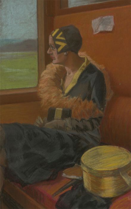 Mid 20th Century Pastel - Fashionable Lady on a Train