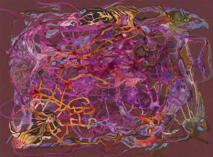 Julie Collins - Signed Contemporary India Ink, Abstract Composition in Purples