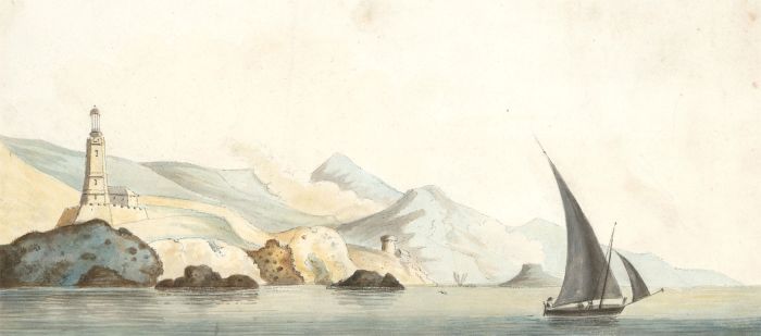 19th Century Watercolour - Coastal Scene with Lighthouse and Boat