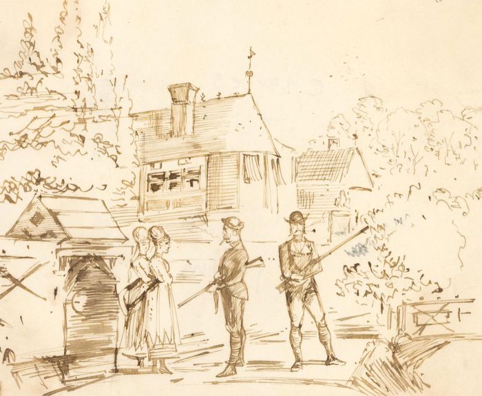 Charles William Cole - 19th Century Pen and Ink drawing, Figures in a Landscape