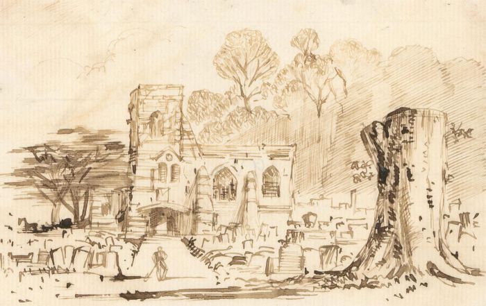 Charles William Cole - 19th Century Pen and Ink drawing, Church and Cemetery