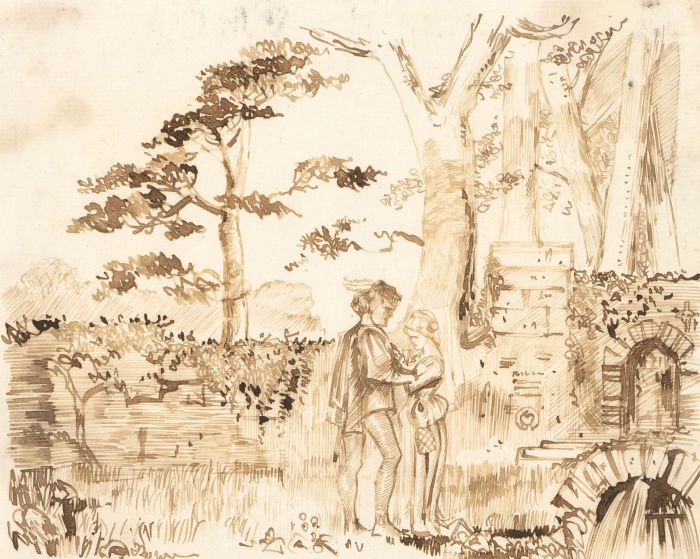 Charles William Cole - 19th Century Pen and Ink drawing, Figures in a Landscape