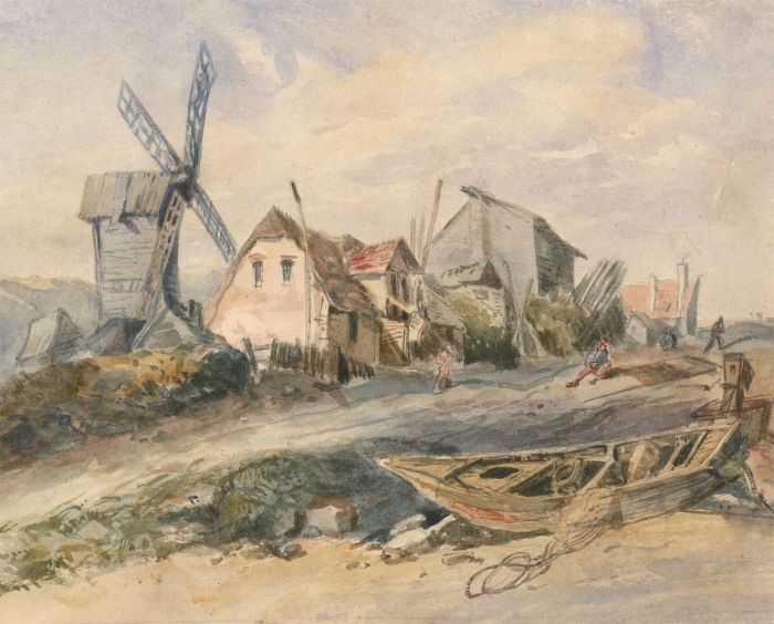 English School 19th Century Watercolour - Fishing Huts on a Coastal Path