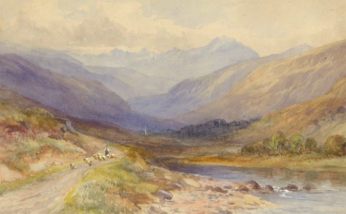 English School 19th Century Watercolour - Shepherd in a Highland Landscape