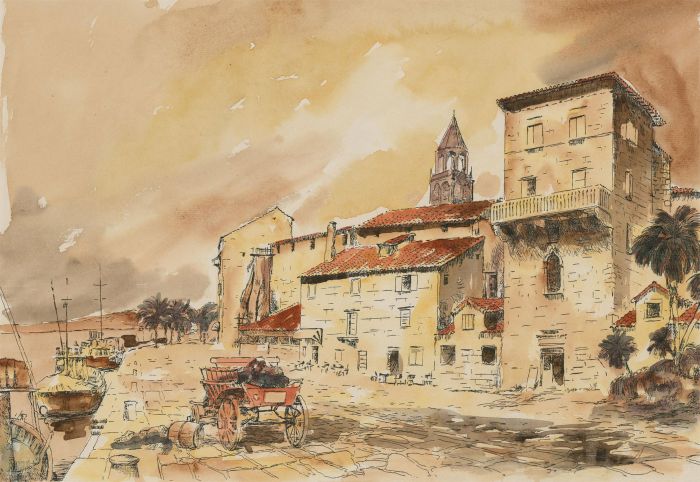 Contemporary Pen and Ink Drawing - Mediterranean Coastal Street Scene