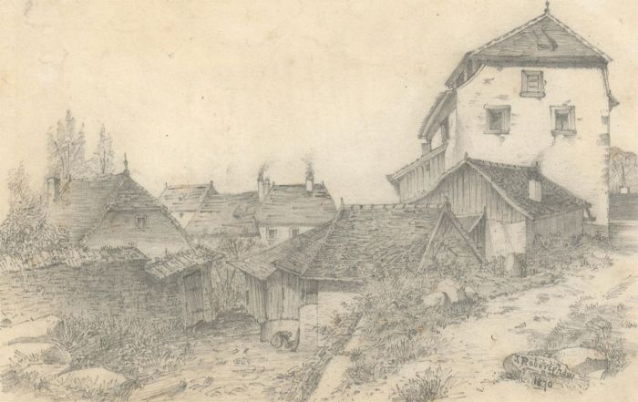 J. Robertshaw - 1870 Graphite Drawing, Rural Village Landscape