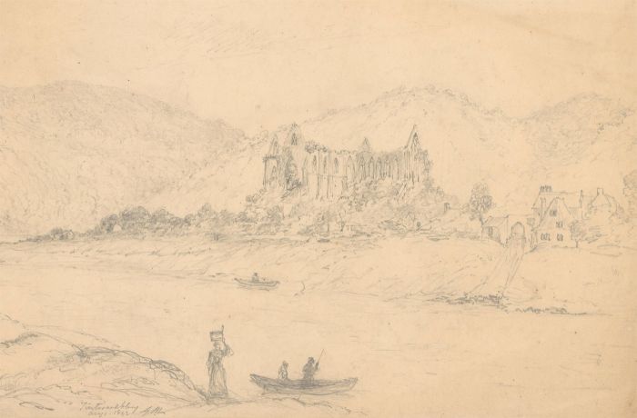 G.M - English School 1852 Graphite Drawing, View of Tintern Abbey, Wales