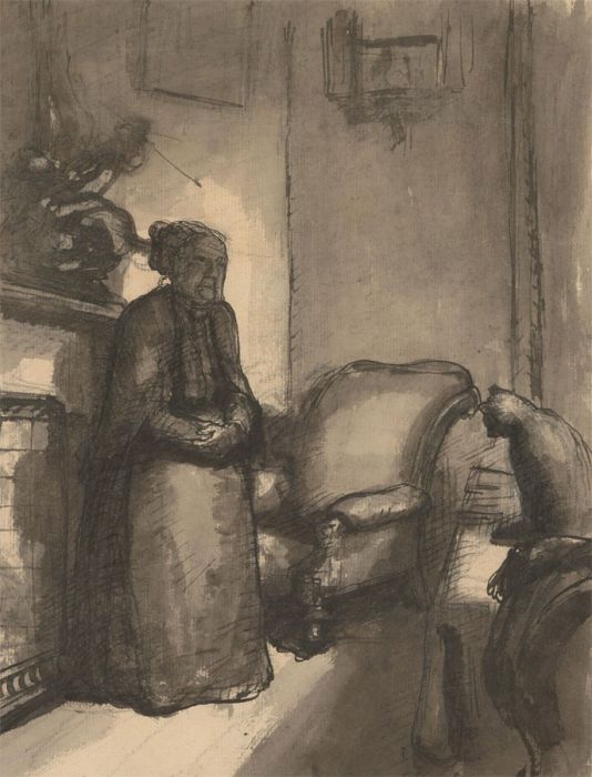 Harold Hope Read (1881-1959) - 1921 Pen and Ink Drawing, Elderly Woman and Cat