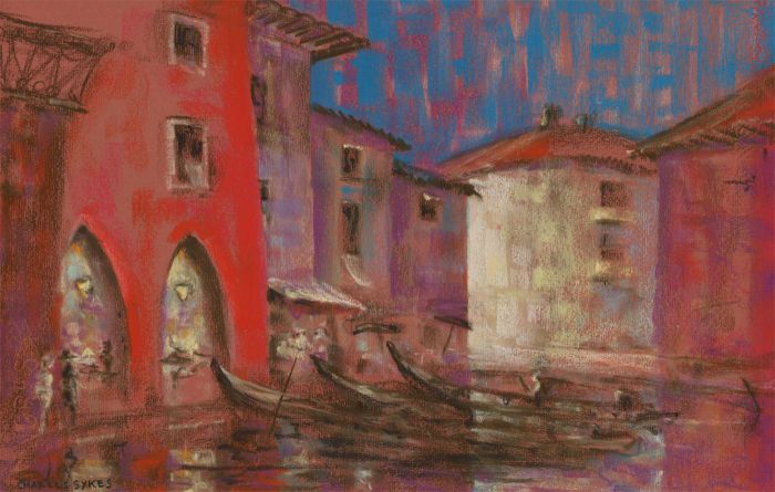 Charles Sykes FRIBA - Signed 1965 Pastel, Gondolas in Venice