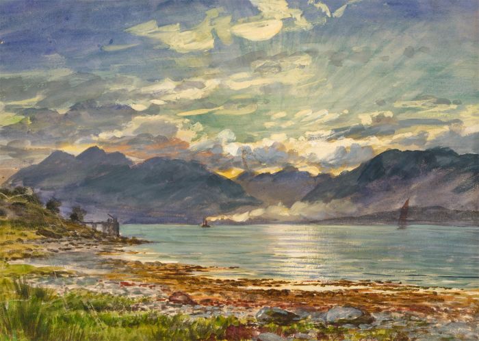W. M. G - 1881 Watercolour, Highland Loch View