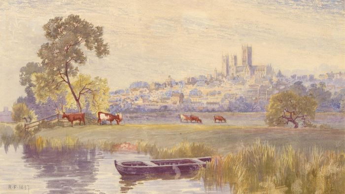 R.F - 1897 Watercolour, River Scene with Distant Town