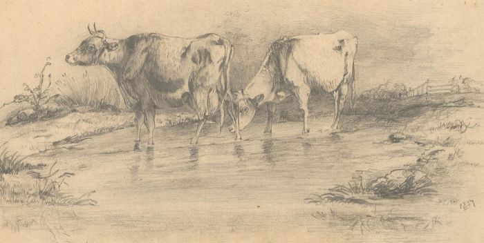 E. Mantresor - 1837 Graphite Drawing, Cattle Watering