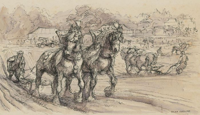 Helen Collins (1921-1990) - 20th Century Pen and Ink Drawing, Horses Ploughing
