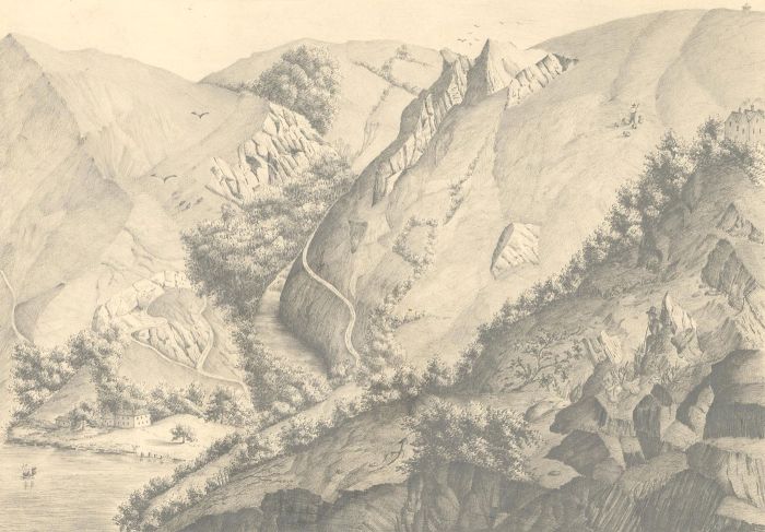 E.M.B - 1840 Graphite Drawing, From the Road to the Valley of Rocks