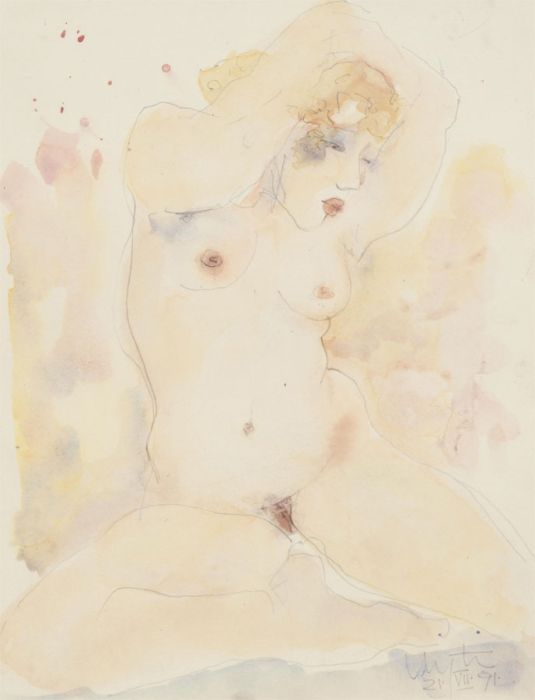 Inge Clayton FRSA (1942-2010) - 1991 Watercolour, seated Female Nude
