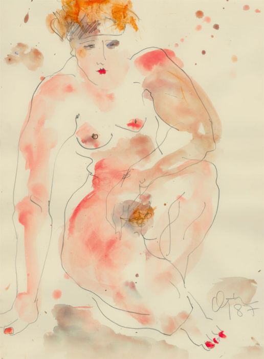 Inge Clayton FRSA (1942-2010) - Signed 1987 Watercolour, Kneeling Nude