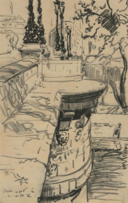 Jan Korwin Kochanowski (1897-1970) - 1956 Charcoal Drawing, The Pont Neuf