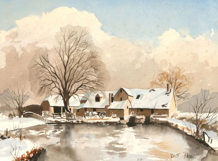 D. S. Hunt - 20th Century Watercolour, Winter Landscape with Farm