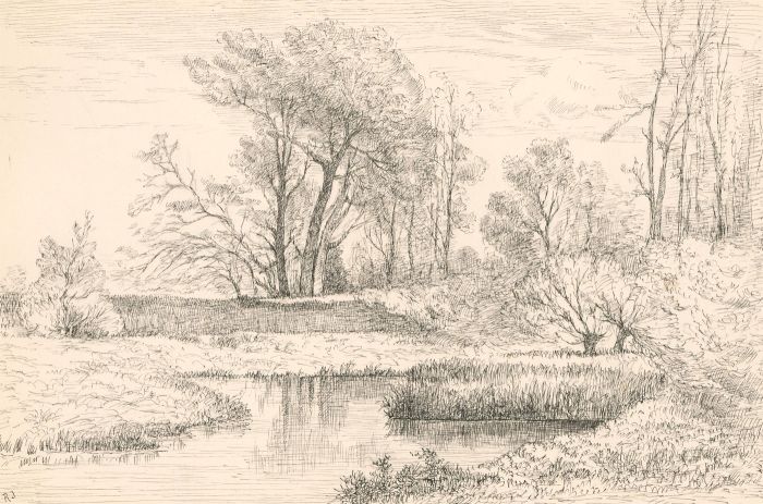 R.J - 20th Century Pen and Ink Drawing, River Landscape