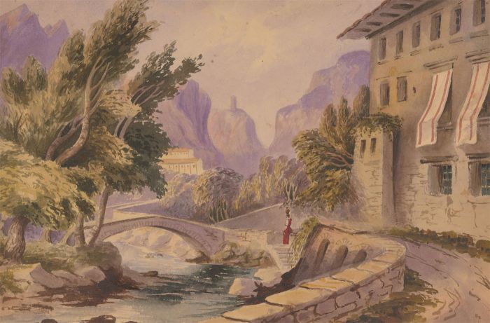 19th Century Watercolour - Classical Italian Landscape, Amalfi Near Naples