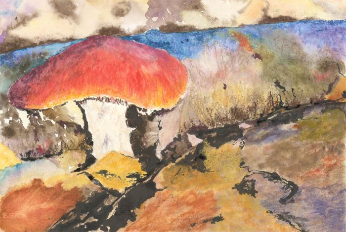 V. Carter - Contemporary Mixed Media, Abstract Landscape with Mushroom