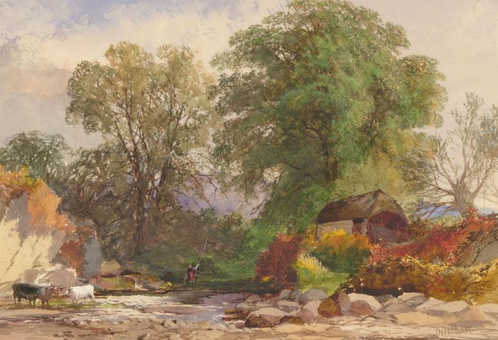 Joseph Needham (c.1810-1880) - Signed Watercolour, River Fishing Scene