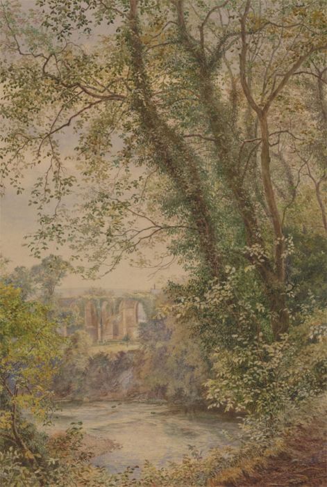 Alice E. de Maine - 1873 Watercolour, River Scene with Ruins