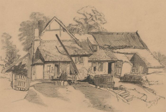 English School 1855 Graphite Drawing - Cottage in a Landscape