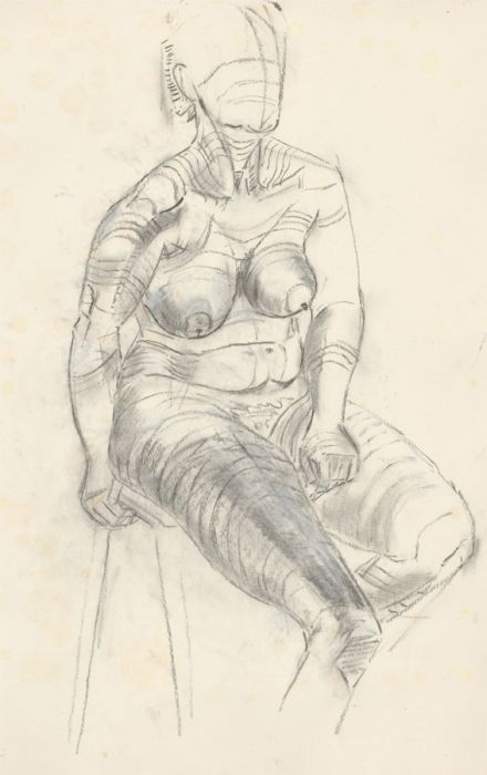Anita Wright - c. 1975 Charcoal Drawing, Seated Female Nude