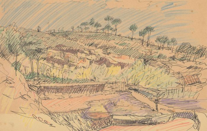Mid 20th Century Pen and Ink Drawing - Mediterranean Hillside Landscape