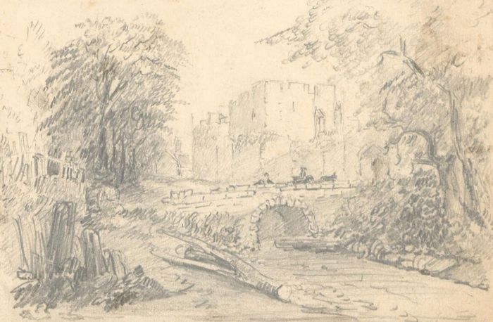 Miniature Mid 19th Century Graphite Drawing - Castle Landscape