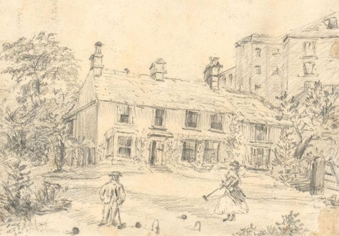 K.J.E - 1864 Graphite Drawing, The Country Garden
