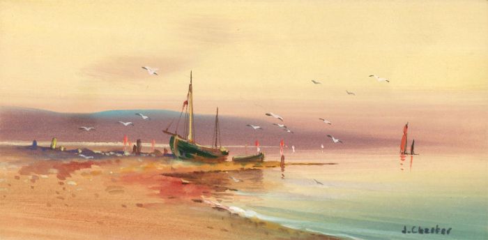 J. Chester - 20th Century Watercolour, Beach Scene at Sunset